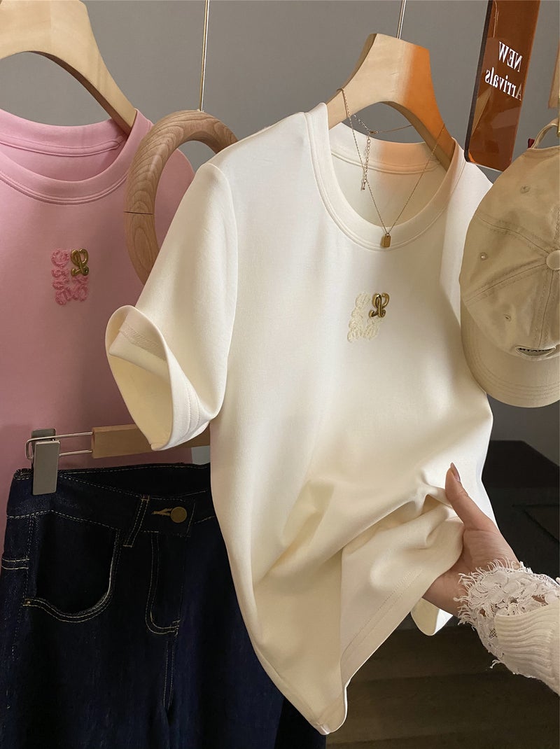 Outlets ~ Withdrawal Womens Heavy Industry Towel Embroidered Casual Crewneck Short-sleeved T-shirt Womens Summer New Loose Jacket White [high quality]]