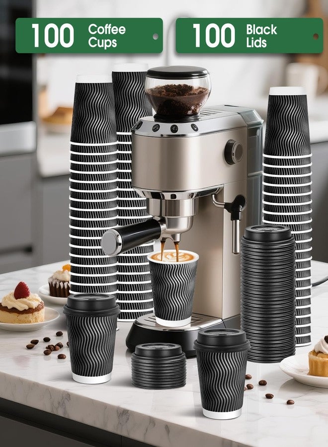 Sipthene 100 Pack 8 oz Disposable Coffee Cups with Lids, To Go Insulated Thick Coffee Cups for Hot/Cold Beverage, Corrugated Ripple Wall Cups for Espresso Coffee, Hot Chocolate and Cocoa - Black - Image 2