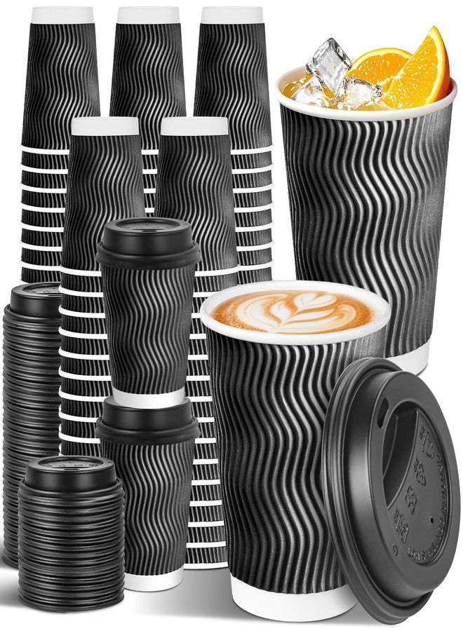 Sipthene 100 Pack 8 oz Disposable Coffee Cups with Lids, To Go Insulated Thick Coffee Cups for Hot/Cold Beverage, Corrugated Ripple Wall Cups for Espresso Coffee, Hot Chocolate and Cocoa - Black - Image 1