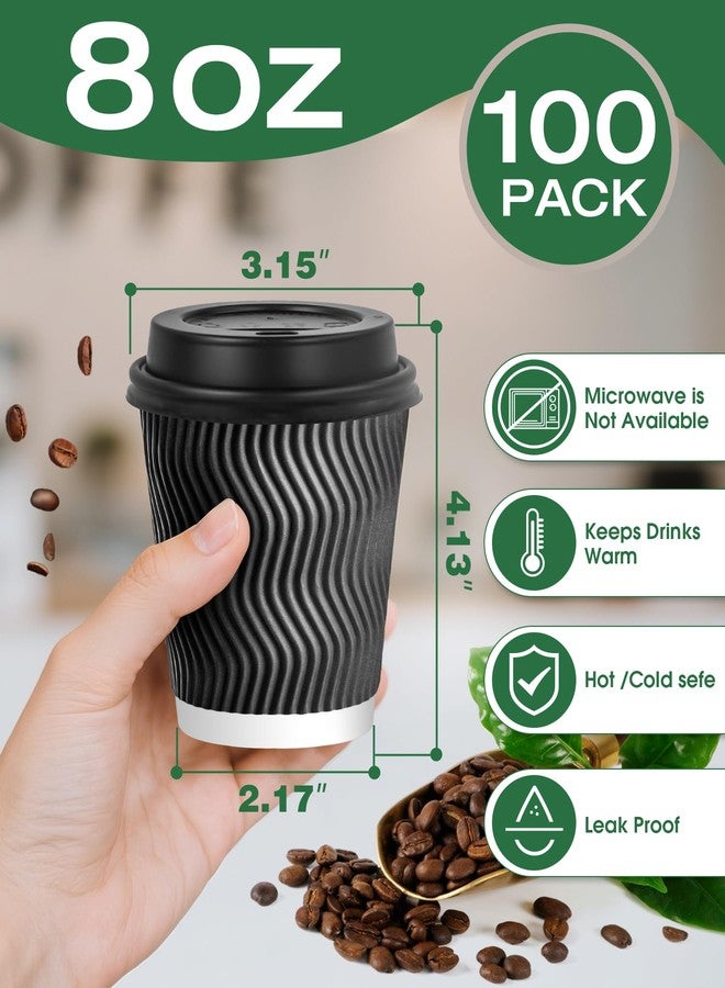 Sipthene 100 Pack 8 oz Disposable Coffee Cups with Lids, To Go Insulated Thick Coffee Cups for Hot/Cold Beverage, Corrugated Ripple Wall Cups for Espresso Coffee, Hot Chocolate and Cocoa - Black - Image 3