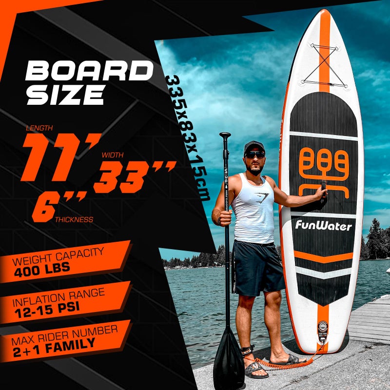 FunWater FunWater Stand Up Paddle Board 11'x33''x6'' Ultra-Light (20.4lbs) Inflatable Paddleboard with ISUP Accessories,Three Fins,Adjustable Paddle, Pump,Backpack, Leash, Waterproof Phone Bag - Image 2