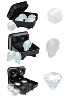 3 Ice Cube Tray Set - Silicone Ice Cube Tray with Lid - Circle, Diamond & Skull Shaped, Easy Fill & Release Ice Maker - Great for Parties & Events