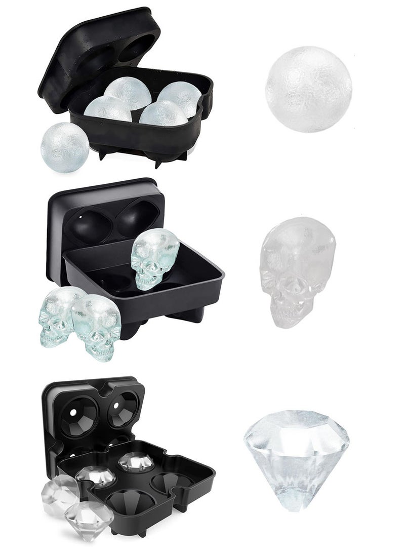 NQOOH - 3 Ice Cube Tray Set - Silicone Ice Cube Tray with Lid - Circle, Diamond & Skull Shaped, Easy Fill & Release Ice Maker - Great for Parties & Events - Image 1