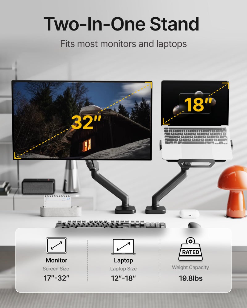 monTEK Laptop Arm Mount for Desk, 2-in-1 Monitor & Laptop Stand with Adjustable Laptop Tray, Fits Max 18" Notebook and 32" Screen, Aluminum Single Monitor Holder with VESA 75/100, Clamp/Grommet, Black - Image 2