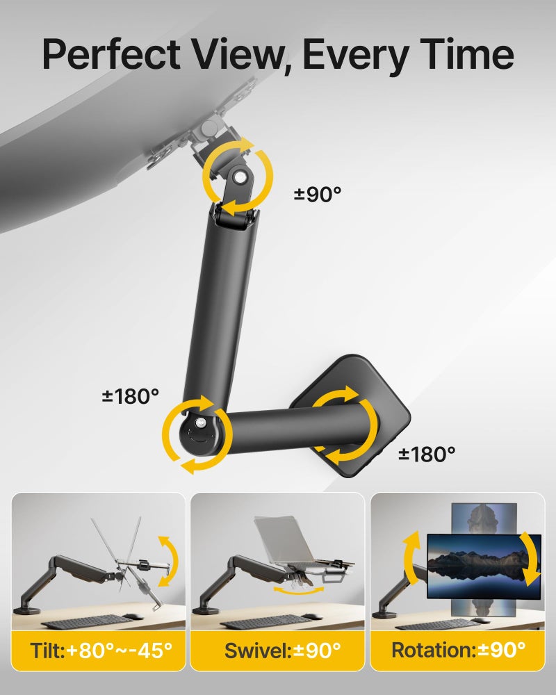 monTEK Laptop Arm Mount for Desk, 2-in-1 Monitor & Laptop Stand with Adjustable Laptop Tray, Fits Max 18" Notebook and 32" Screen, Aluminum Single Monitor Holder with VESA 75/100, Clamp/Grommet, Black - Image 5