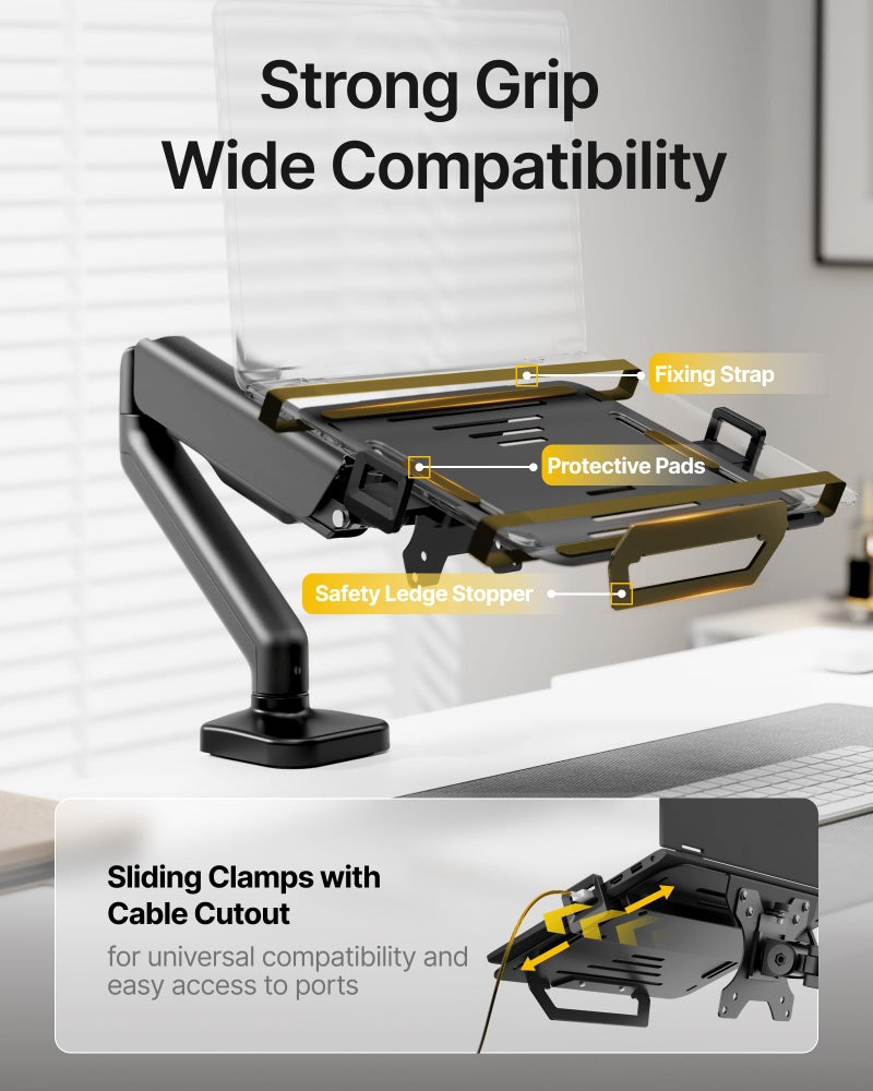 monTEK Laptop Arm Mount for Desk, 2-in-1 Monitor & Laptop Stand with Adjustable Laptop Tray, Fits Max 18" Notebook and 32" Screen, Aluminum Single Monitor Holder with VESA 75/100, Clamp/Grommet, Black - Image 4