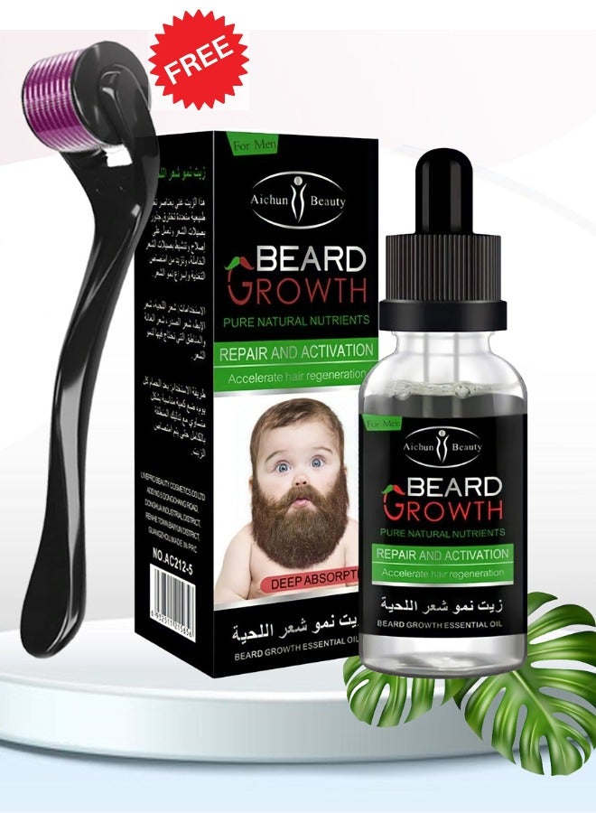 Aichun beauty Beard Growth Oil with Free Derma Roller for Thick Full Beard Faster Hair Growth Nourishing Oil for Men 30ml - Image 1