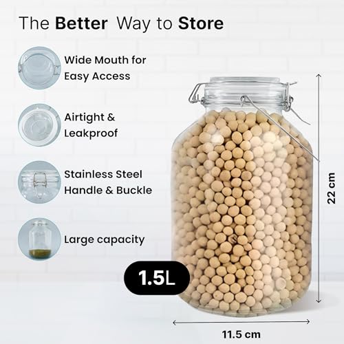 UMAI Glass Jar for Kitchen Storage | 1500ml | Mason Jar with Buckle Lid and Wide mouth | Multipurpose Airtight Glass Container with Stainless Steel Handle and Rubber Gasket | Transparent | - Image 4
