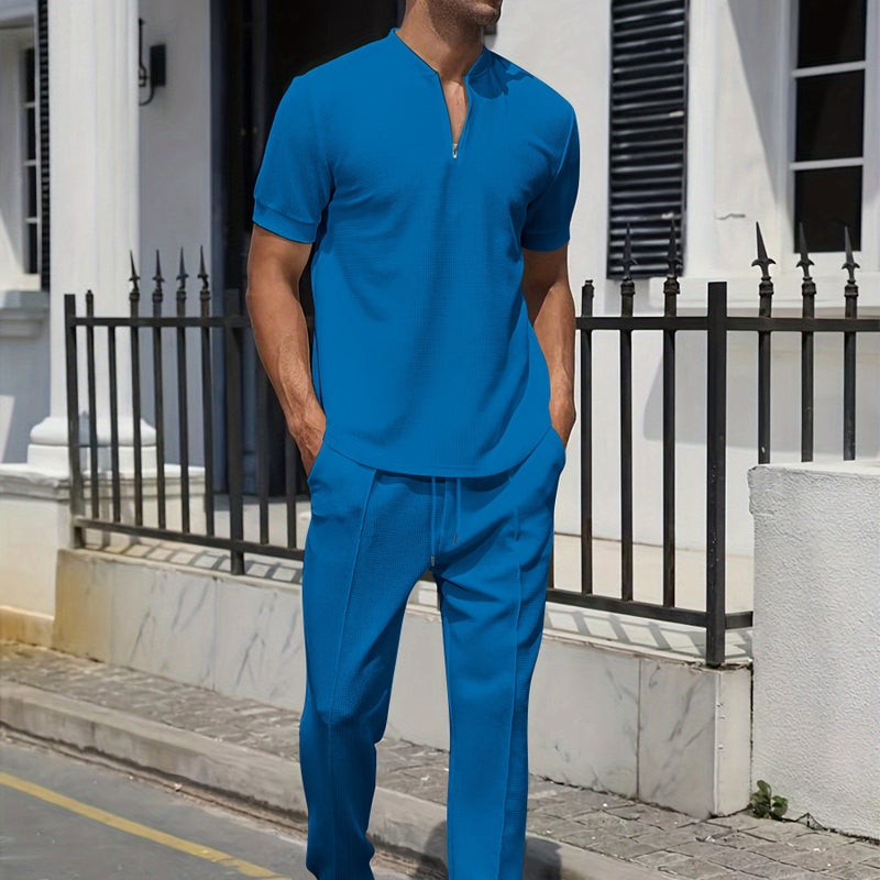 2024 Mens Casual Waffle Polo Shirt and Pants Set Royal Blue - Image 1