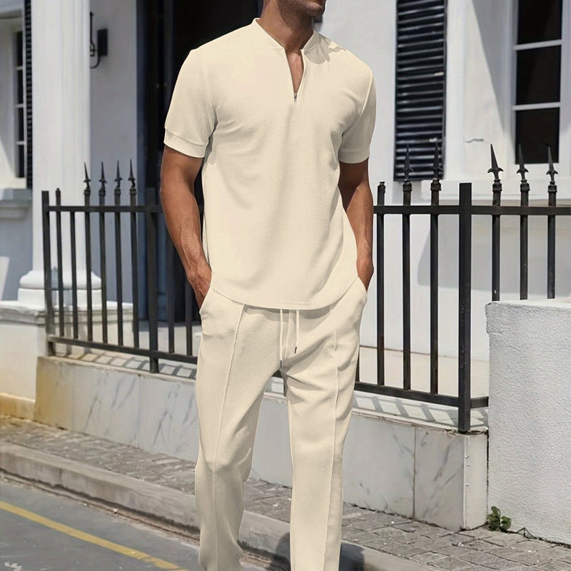 2024 Mens Casual Waffle Polo Shirt and Pants Set Royal Blue - Image 4