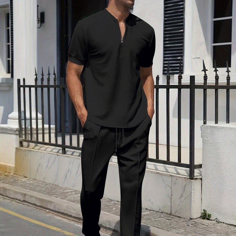 2024 Mens Casual Waffle Polo Shirt and Pants Set Royal Blue - Image 2