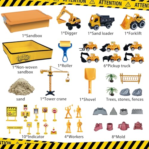 BEIREG Construction Sensory Sand Kit 42 PCS Building Set with 2lbs Magic Sand 9 Construction Trucks Foldable Roof Sandbox Cranes Road Signs Tools STEM Gift for Boys Ages 38 - Image 5