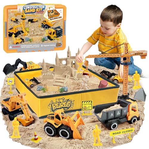 BEIREG Construction Sensory Sand Kit 42 PCS Building Set with 2lbs Magic Sand 9 Construction Trucks Foldable Roof Sandbox Cranes Road Signs Tools STEM Gift for Boys Ages 38 - Image 1