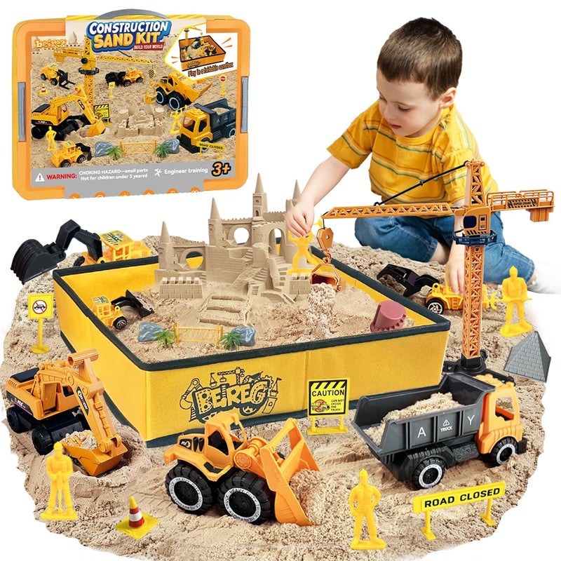 BEIREG Construction Sensory Sand Kit 42 PCS Building Set with 2lbs Magic Sand 9 Construction Trucks Foldable Roof Sandbox Cranes Road Signs Tools STEM Gift for Boys Ages 38 - Image 2