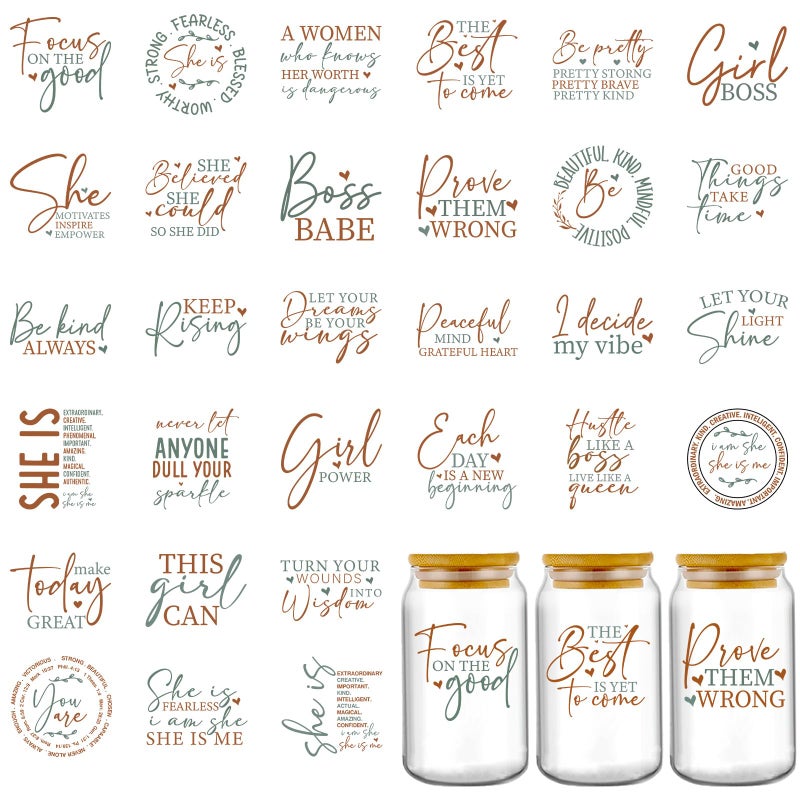 AFRITEE Uv Dtf Cup Wraps - 30 Sheets Strong Women Inspirational Quotes Uv Dtf Stickers For 16 Oz Glass  Bekind Always Motivational Quotes Transfer Sticker Diy Water Bottle Journal Decoration Gift For Girl - Image 1