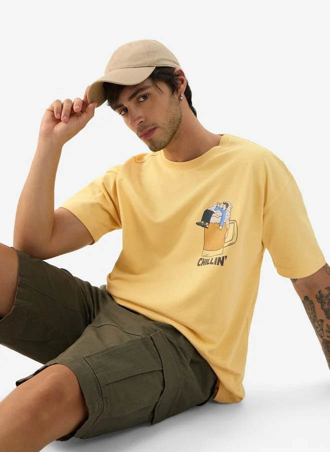 ذا سوليد ستور The Souled Store Men's Yellow Printed Cotton Oversized T-Shirt