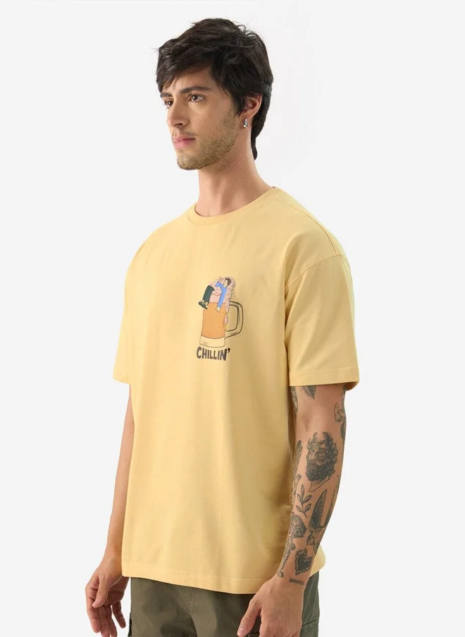 The Souled Store  The Souled Store Men's Yellow Printed Cotton Oversized T-Shirt  | Best Price UAE