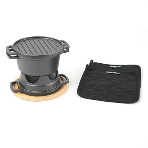 HAWOK 6 Piece Stove Set, Potable Cast Iron Charcoal Grill Stove with 1QT Dutch Oven, with Multipurpose Lid, Five-Leg Buffet Tray, Multipurpose Mini BBQ Stove Set - Image 1