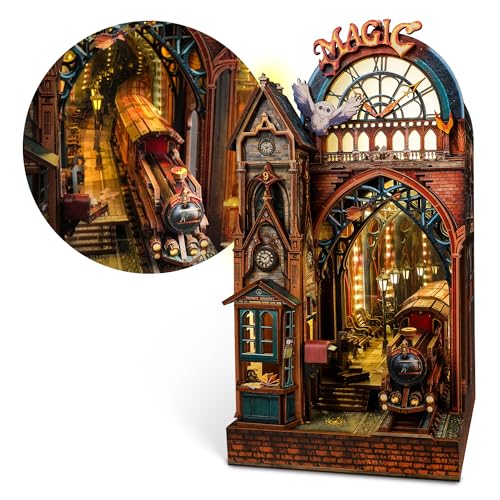 FUNPOLA LED 3D Puzzle Magic Station Book Nook Kit Interactive 3D Wood Puzzle LED Magical Miniature with Infinite Extension Space DIY Bookshelf Insert Decor GiftsMagic Station - Image 1