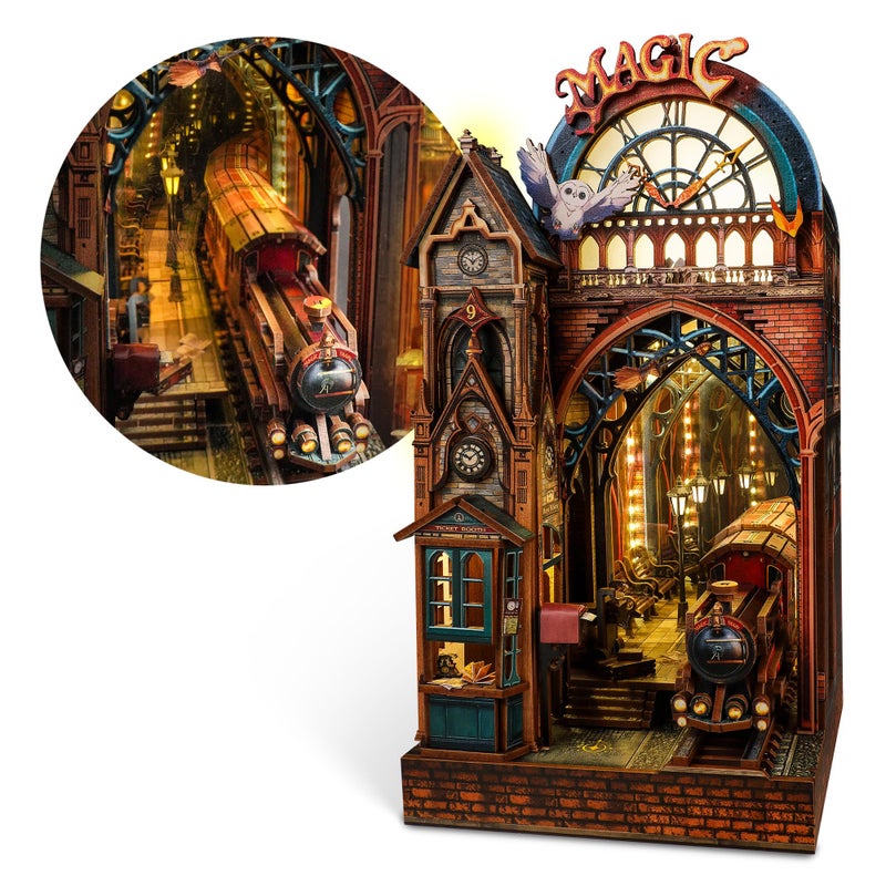 FUNPOLA LED 3D Puzzle Magic Station Book Nook Kit Interactive 3D Wood Puzzle LED Magical Miniature with Infinite Extension Space DIY Bookshelf Insert Decor GiftsMagic Station - Image 2