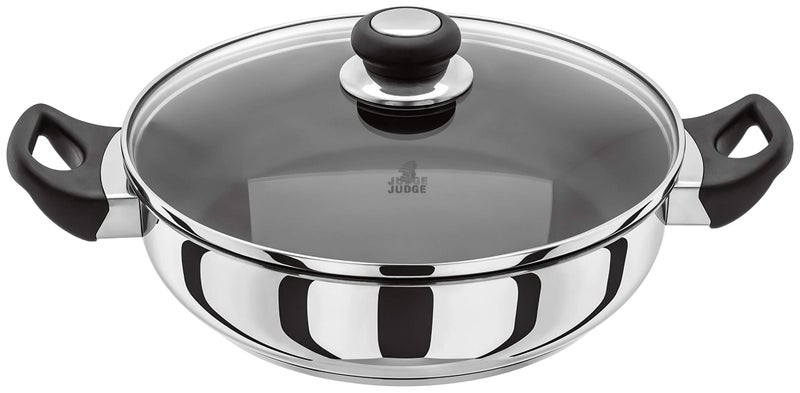 Judge Vista Stainless Steel NonStick Large Shallow Casserole 28cm Frying Pan with Shatterproof Glass Lid Induction Ready Oven Safe