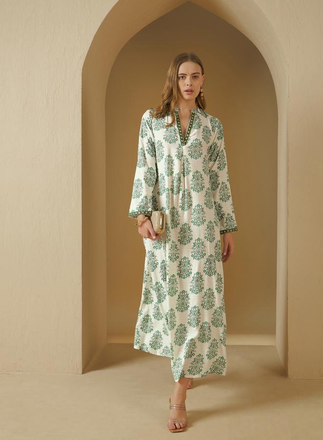 Styli All-Over Print V-Neck Embroidered A-Line Jalabyia - Image 1