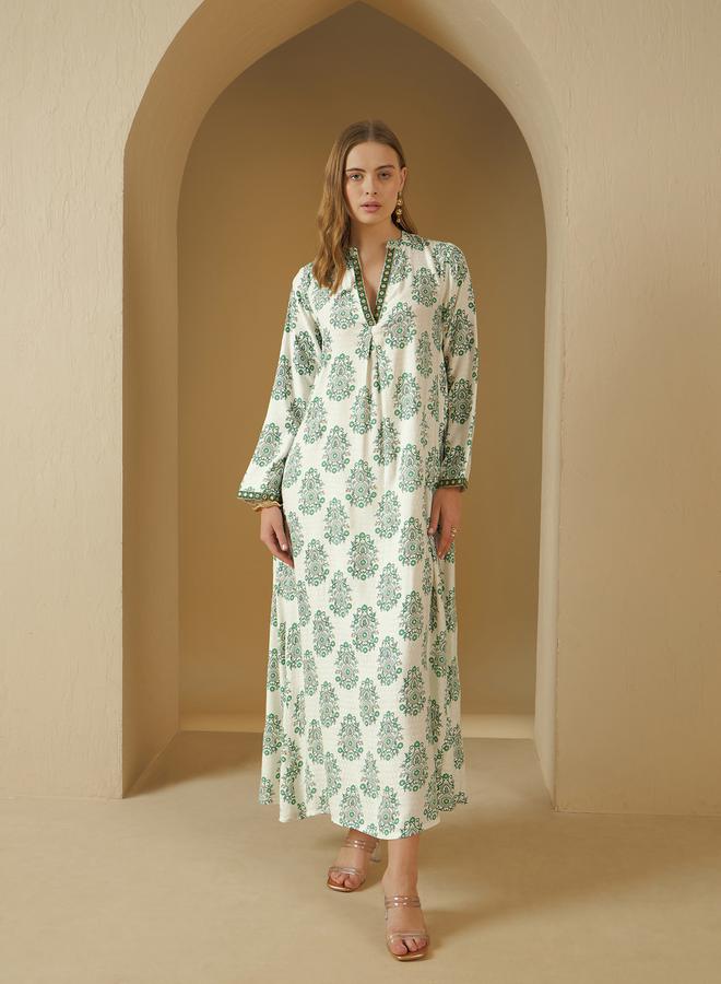 Styli All-Over Print V-Neck Embroidered A-Line Jalabyia - Image 2