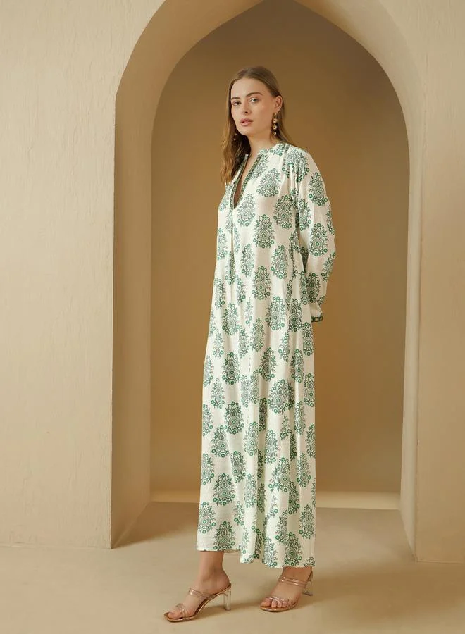 Styli All-Over Print V-Neck Embroidered A-Line Jalabyia