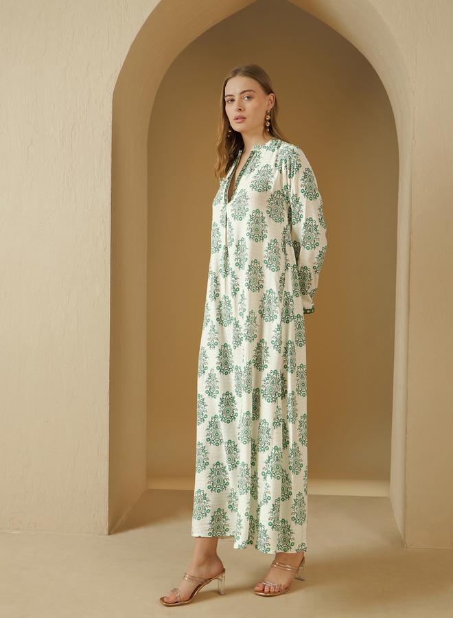 Styli All-Over Print V-Neck Embroidered A-Line Jalabyia - Image 3