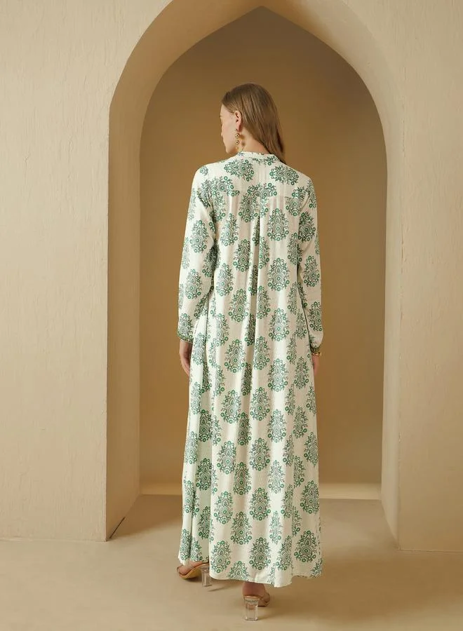 Styli All-Over Print V-Neck Embroidered A-Line Jalabyia