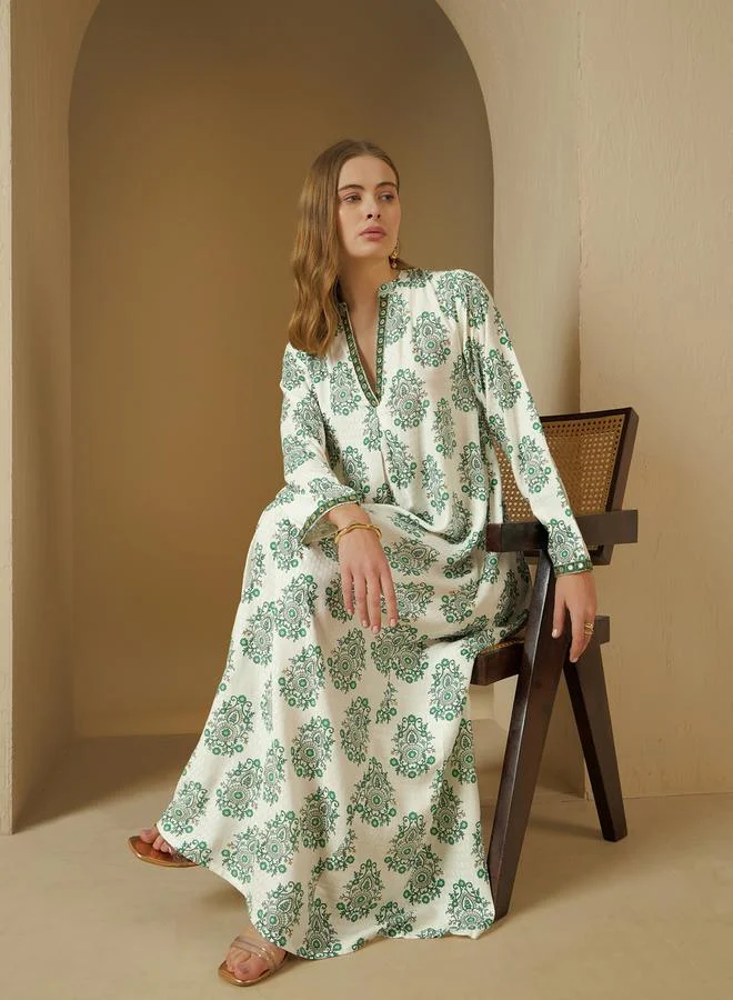 Styli All-Over Print V-Neck Embroidered A-Line Jalabyia
