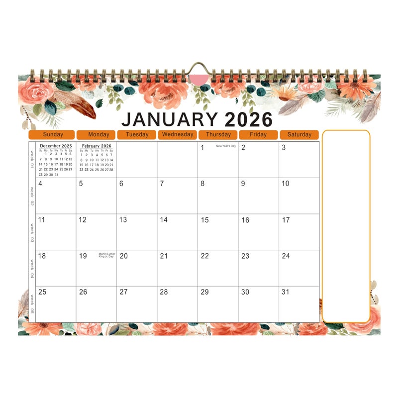 lucilynx Wall Calendar 2026, 12 Months Wall Calendar Jan. to Dec. 2026 Calendar with Julian Dates, 12" X 8.5",Twin-Wire Binding, Hanging Hook, Large Blocks,Flower - Image 1