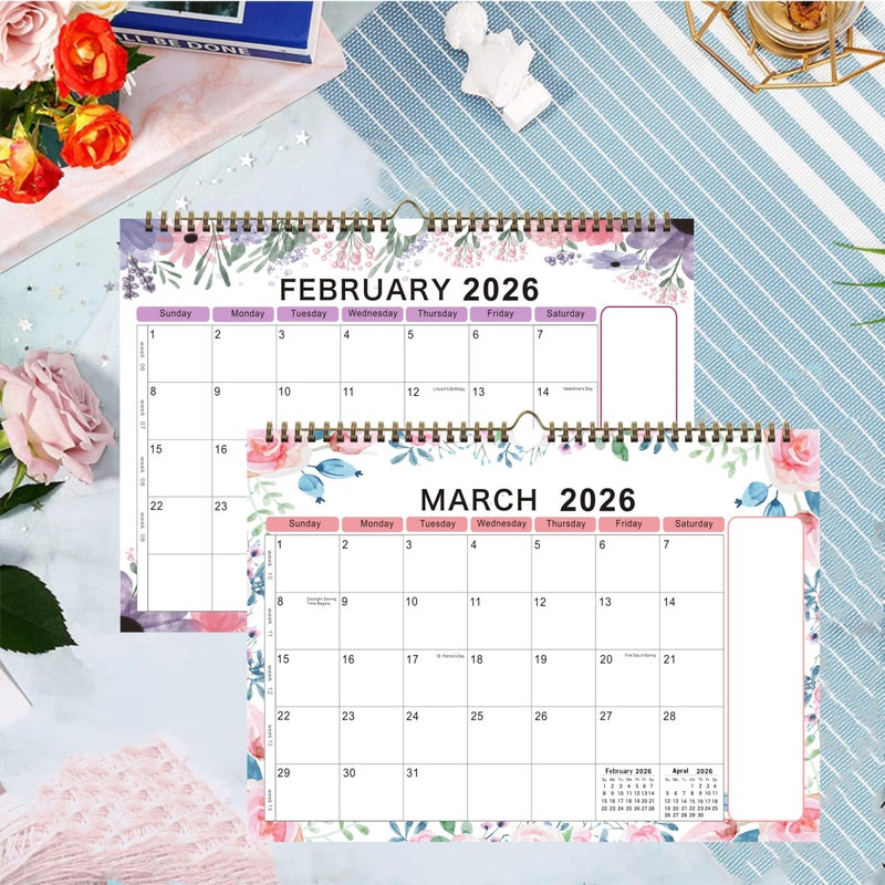 lucilynx Wall Calendar 2026, 12 Months Wall Calendar Jan. to Dec. 2026 Calendar with Julian Dates, 12" X 8.5",Twin-Wire Binding, Hanging Hook, Large Blocks,Flower - Image 3