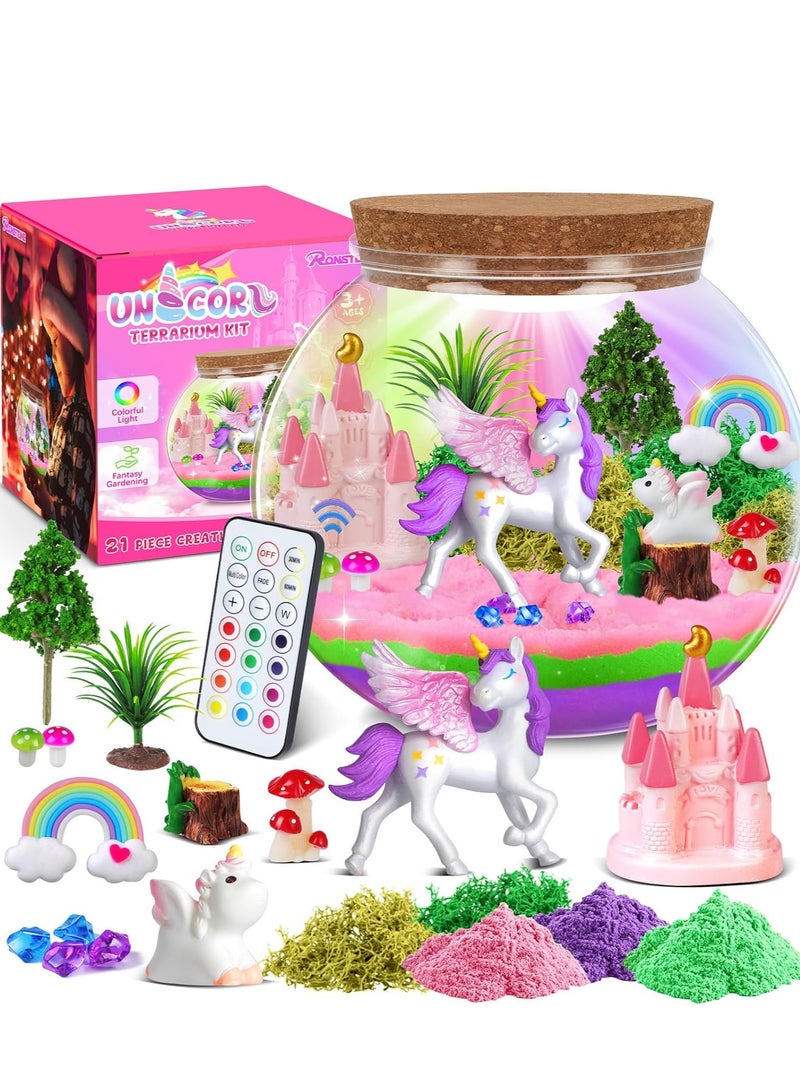 RAKAY Unicorn Terrarium Kit for Kids, Unicorn Toys for Girls Age 4 5 6 7 8-12 Year Old, Birthday Gift for Girls, Arts and Crafts Kit for Kids, DIY Toys with 13-Color Remote LED Night Light - Image 1
