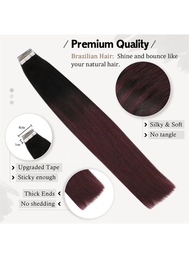Moresoo Tape in Hair Extensions Human Hair Ombre Off Black to Black with Wine Red Hair Extensions Real Human Hair Tape in Balayage Hair Extensions Human Hair Silky Straight Hair 12in #1B/99J 20pcs 30g - Image 2