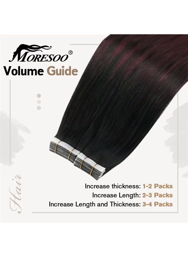 Moresoo Tape in Hair Extensions Human Hair Ombre Off Black to Black with Wine Red Hair Extensions Real Human Hair Tape in Balayage Hair Extensions Human Hair Silky Straight Hair 12in #1B/99J 20pcs 30g - Image 5