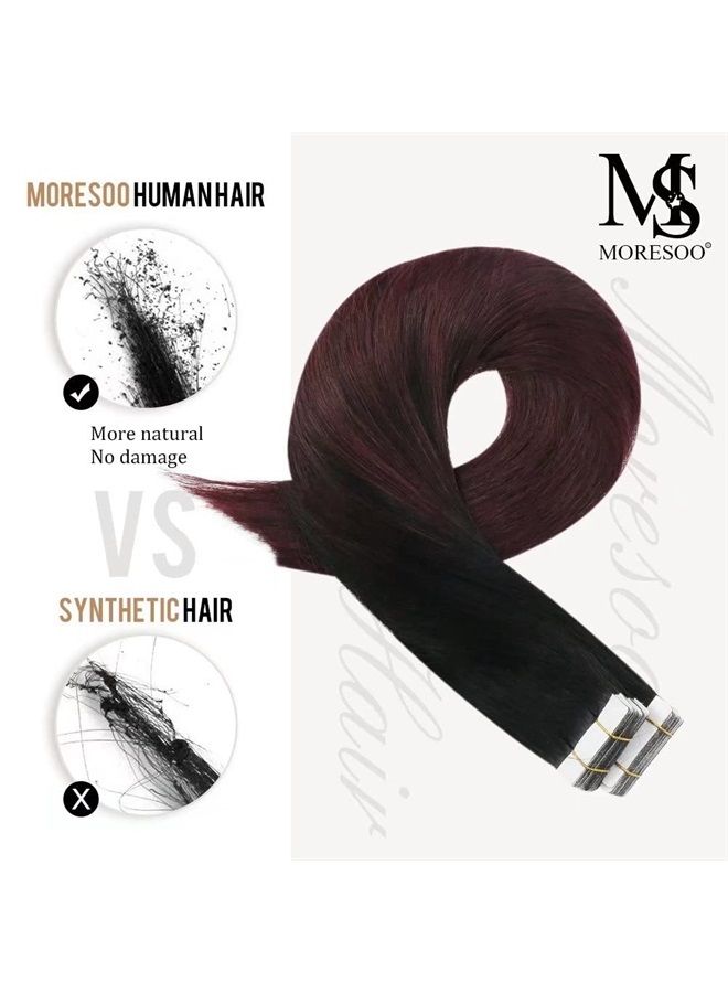Moresoo Tape in Hair Extensions Human Hair Ombre Off Black to Black with Wine Red Hair Extensions Real Human Hair Tape in Balayage Hair Extensions Human Hair Silky Straight Hair 12in #1B/99J 20pcs 30g - Image 4