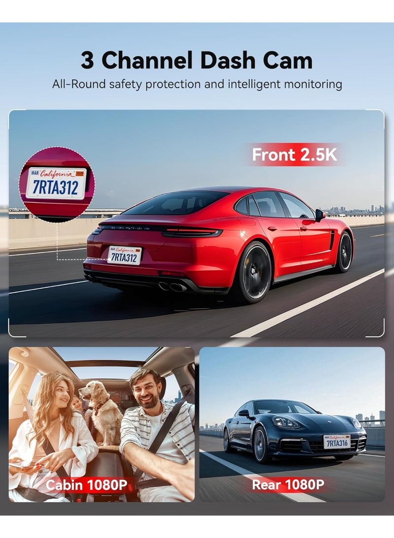 REDTIGER A3 3 Channel Dash Cam Front Rear, 1440P+1080P+1080P Dash Camera, Support Arabic language, Included 32GB Card, 24H Parking Mode, 3.18''Screen Car Camera, WiFi, IR Night Vision, Loop Recording - Image 2