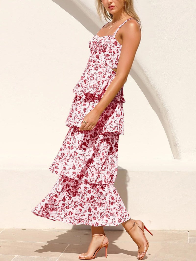 Fisoew Womens Floral Maxi Dresses Spaghetti Strap Casual Sleeveless Ruffle Flowy Tiered Dress Burgundy - Image 2
