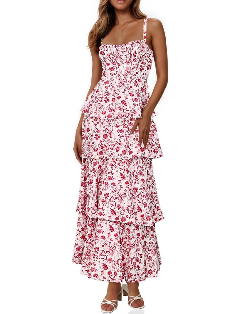 Fisoew Womens Floral Maxi Dresses Spaghetti Strap Casual Sleeveless Ruffle Flowy Tiered Dress Burgundy - Image 1