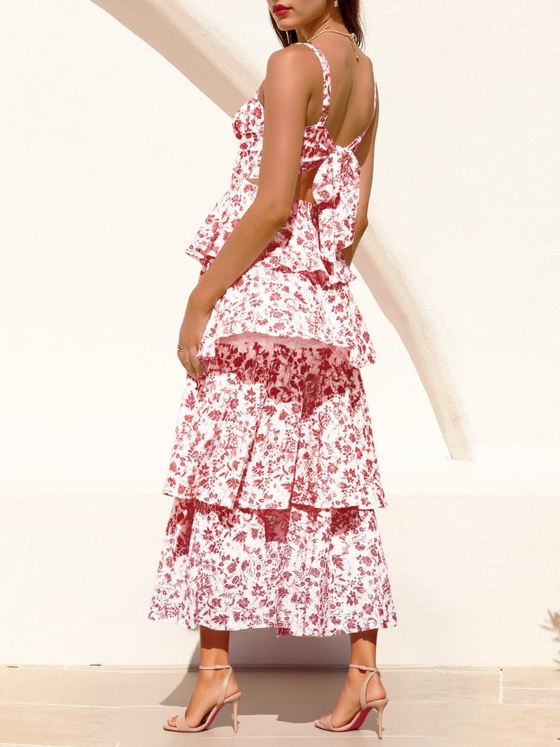 Fisoew Womens Floral Maxi Dresses Spaghetti Strap Casual Sleeveless Ruffle Flowy Tiered Dress Burgundy - Image 3