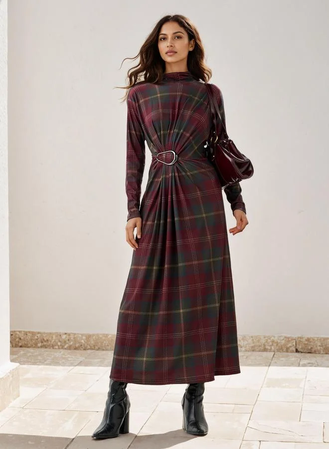 Iconic Iconic Checked High Neck Draped Dress