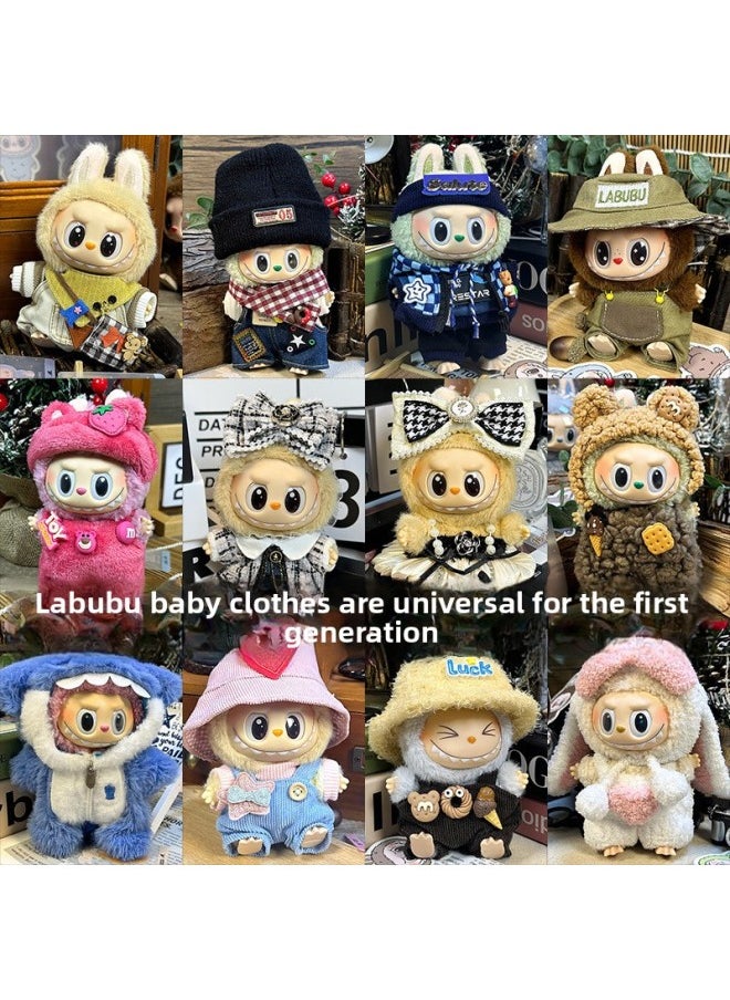 null - Labubu Sitting Party Doll Clothes Generation II Blind Box Labubu Doll Clothes Ragcloth Clothes Plush Vinyl Face-Specification:First And Second Generation Universal (doll Not Included) - Standard Outfit-Color:Butter Bear (love Hat + T-shirt + Overalls) - Image 1