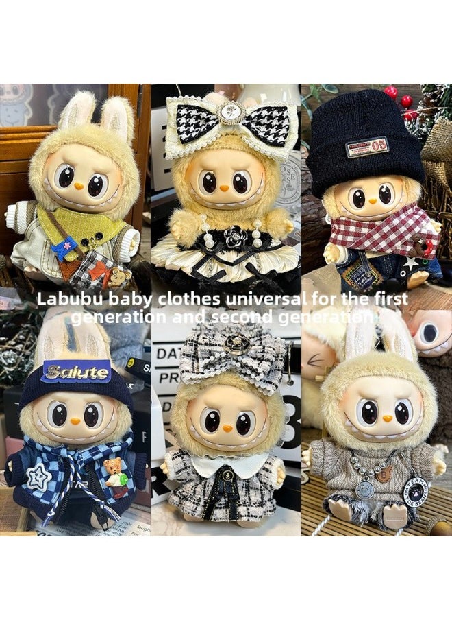 null - Labubu Sitting Party Doll Clothes Generation II Blind Box Labubu Doll Clothes Ragcloth Clothes Plush Vinyl Face-Specification:First And Second Generation Universal (doll Not Included) - Standard Outfit-Color:Butter Bear (love Hat + T-shirt + Overalls) - Image 1