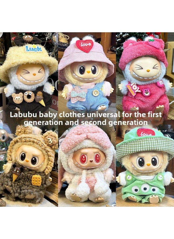 null - Labubu Sitting Party Doll Clothes Generation II Blind Box Labubu Doll Clothes Ragcloth Clothes Plush Vinyl Face-Specification:First And Second Generation Universal (doll Not Included) - Standard Outfit-Color:Butter Bear (love Hat + T-shirt + Overalls) - Image 1