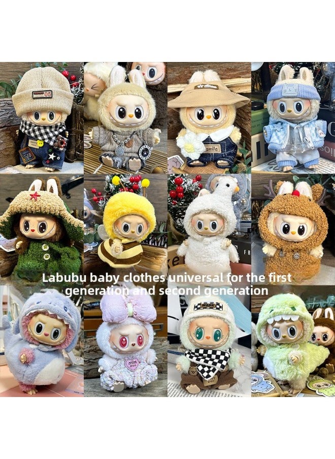 null - Labubu Sitting Party Doll Clothes Generation II Blind Box Labubu Doll Clothes Ragcloth Clothes Plush Vinyl Face-Specification:First And Second Generation Universal (doll Not Included) - Standard Outfit-Color:Butter Bear (love Hat + T-shirt + Overalls) - Image 1