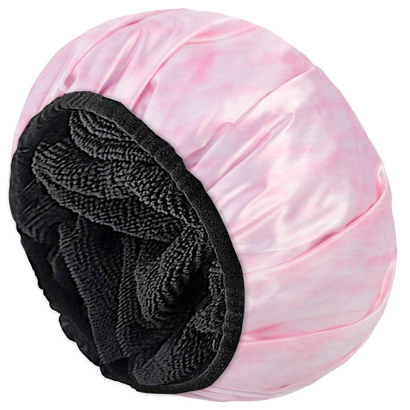Aquior Shower Cap Extra Large Triple Layer Bathing Cap with Dry Hair Function for Women Microfiber Terry Cloth Silky Satin 100% Waterproof Reusable Long Hair Bath Caps (Pink Cloud) - Image 1