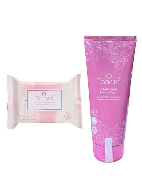 Intimate wash with the scent of musk with aloe vera 200 ml with a pack of wet wipes with the scent of musk with aloe vera containing 20 wipes. white 4g
