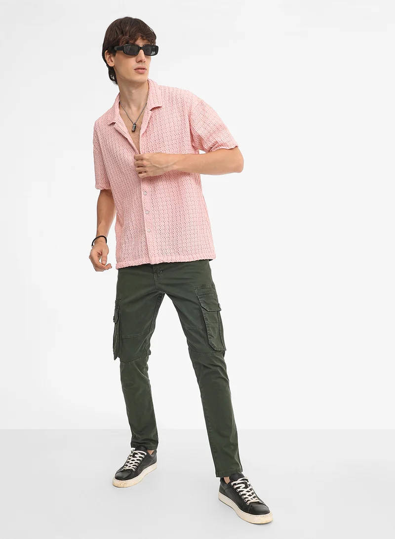 كامبوس سوترا Men's Blush Pink Hollow Knit Oversized Shirt