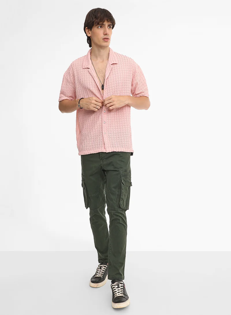 كامبوس سوترا Men's Blush Pink Hollow Knit Oversized Shirt